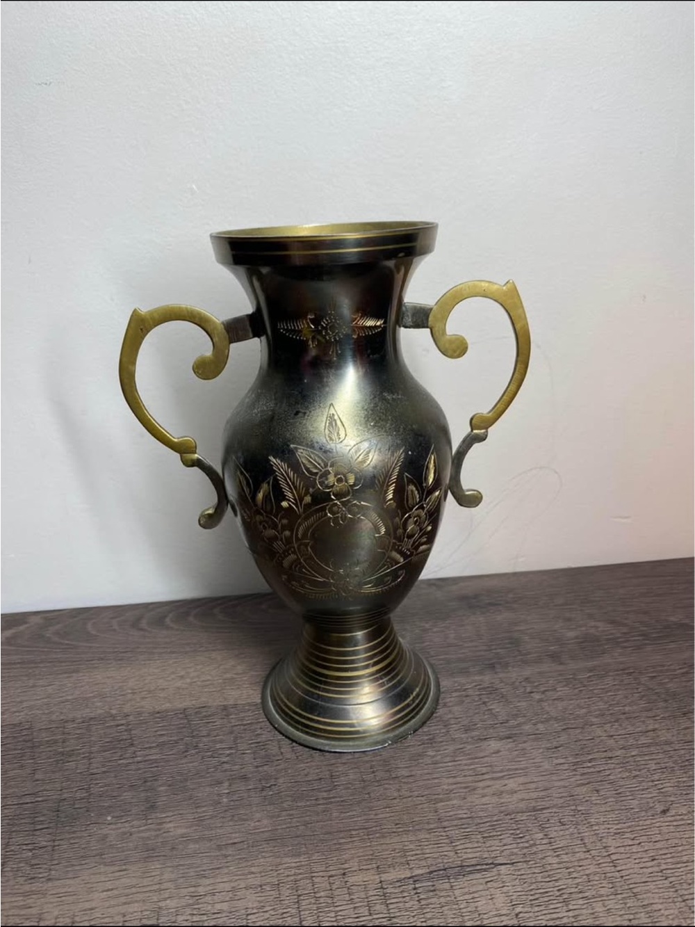 Vintage brass vase gold etched floral black 8.5” handled